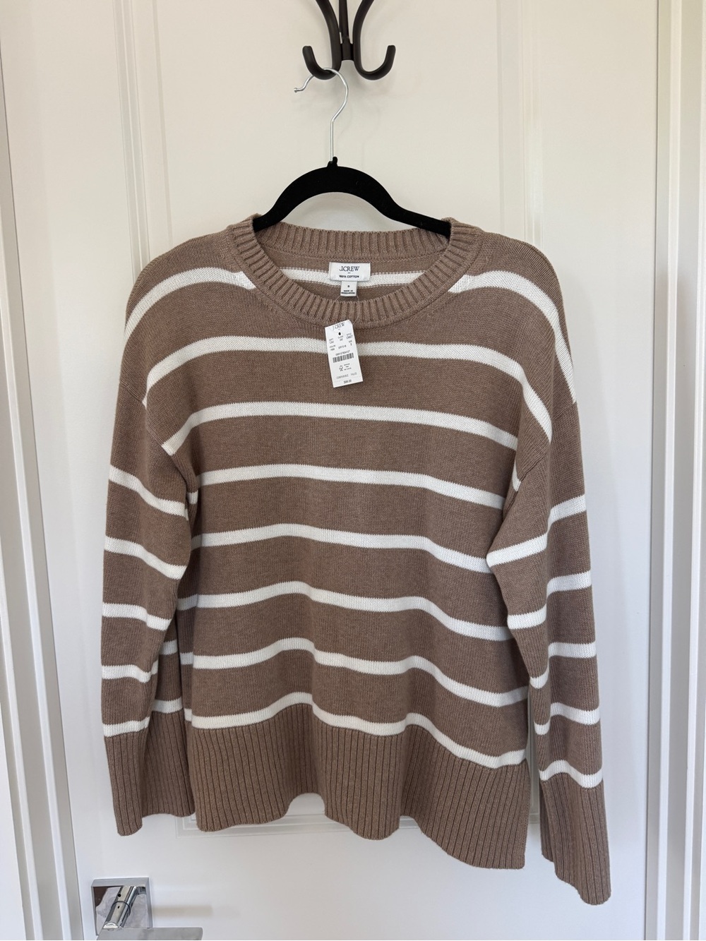 J. Crew Taupe and White Striped Crewneck Sweater